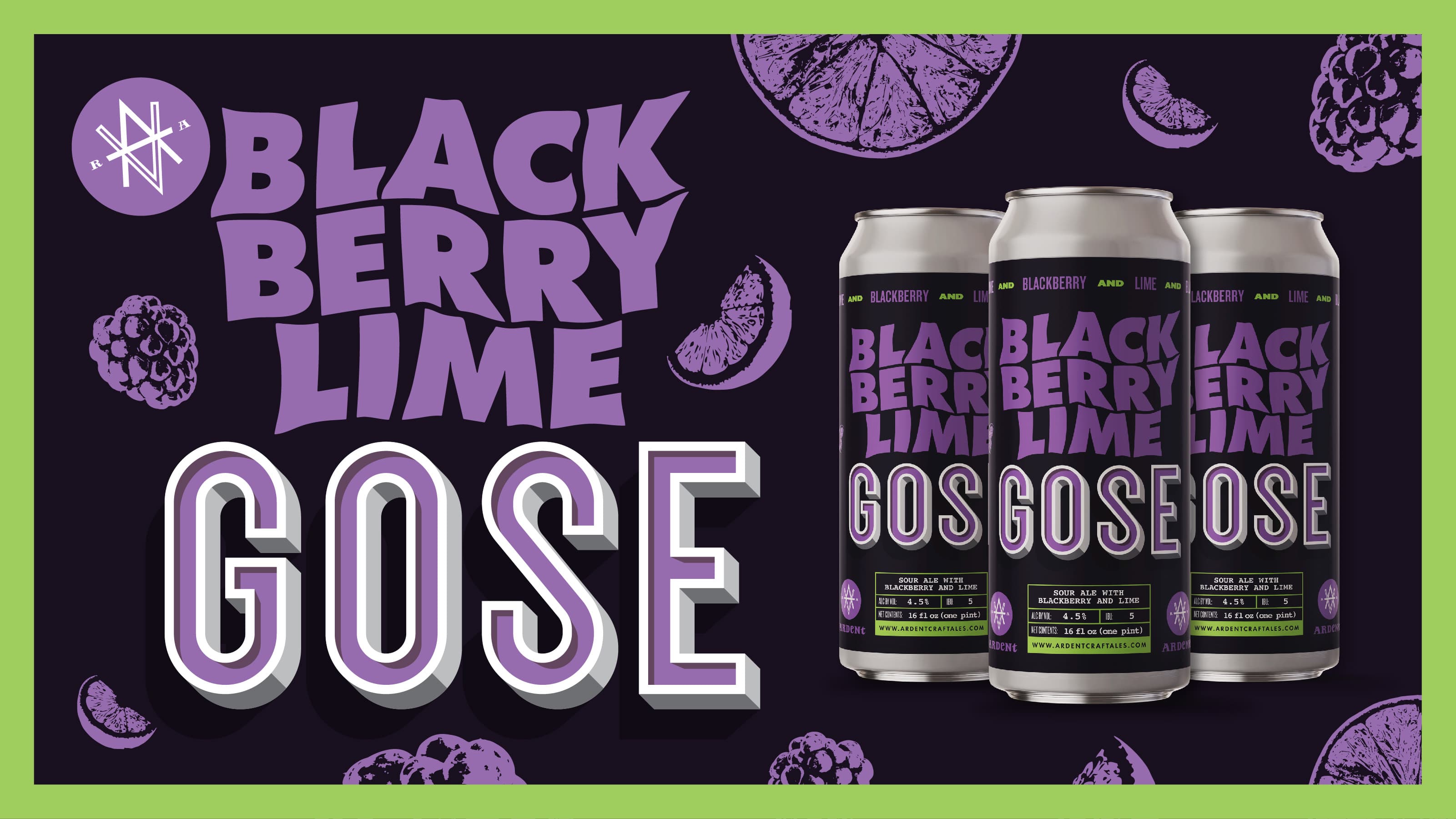 Graphic for Key Lime Gose, showing lime green 16oz cans over pink background with images of coconut and lime