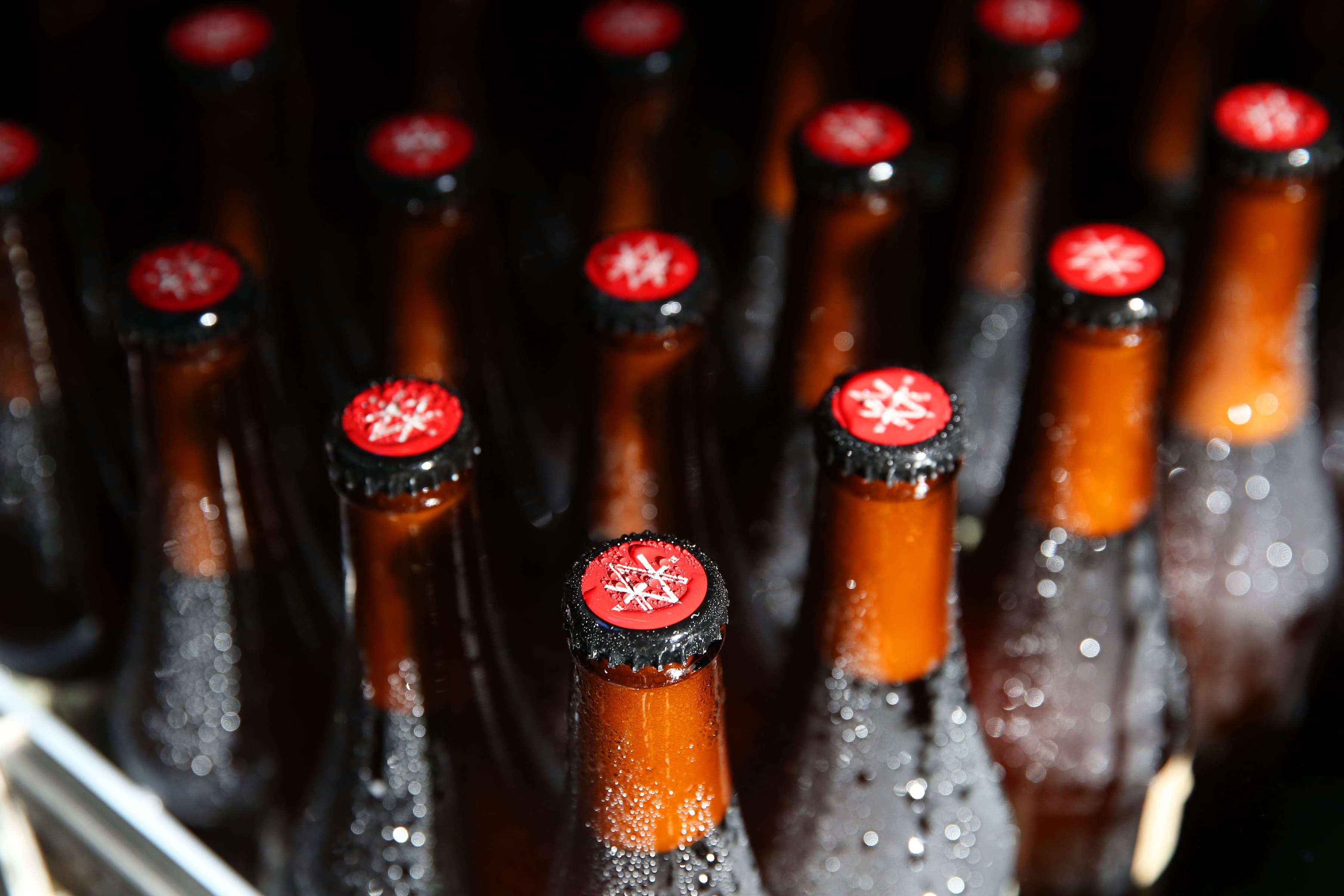 Vintage photo of two men drinking beer samples inside a garage