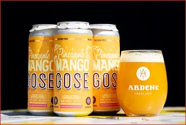 4-pack of orange 16oz cans of Pineapple Mango Gose next to stemless 12oz glass of cloudy, golden beer