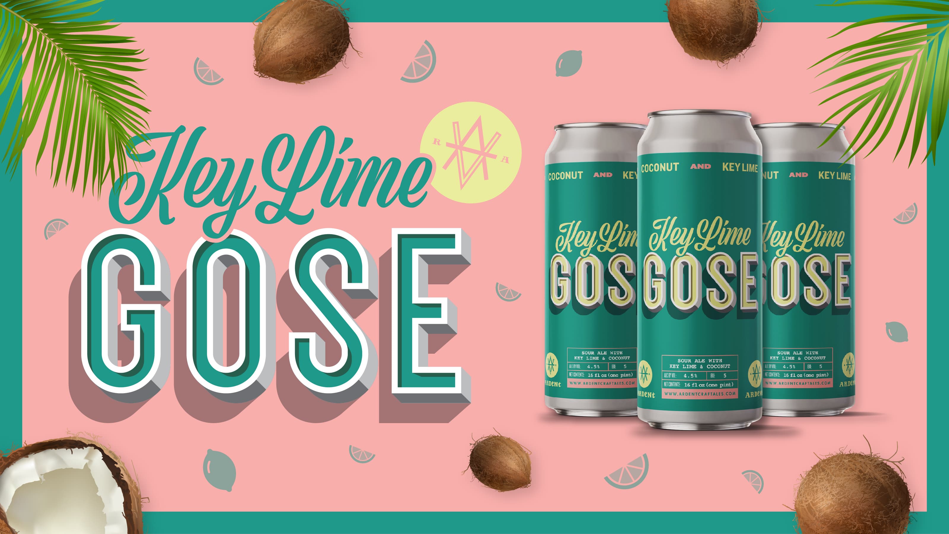 Graphic for Key Lime Gose, showing lime green 16oz cans over pink background with images of coconut and lime